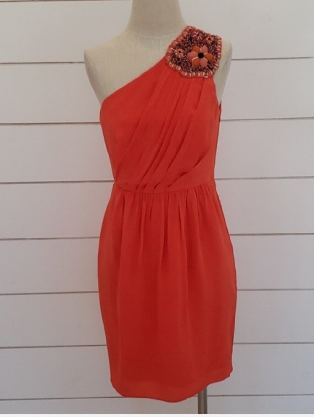 Shoshanna Alexis Embellish One-Shoulder Orange Dress with Beaded Shoulder Detail